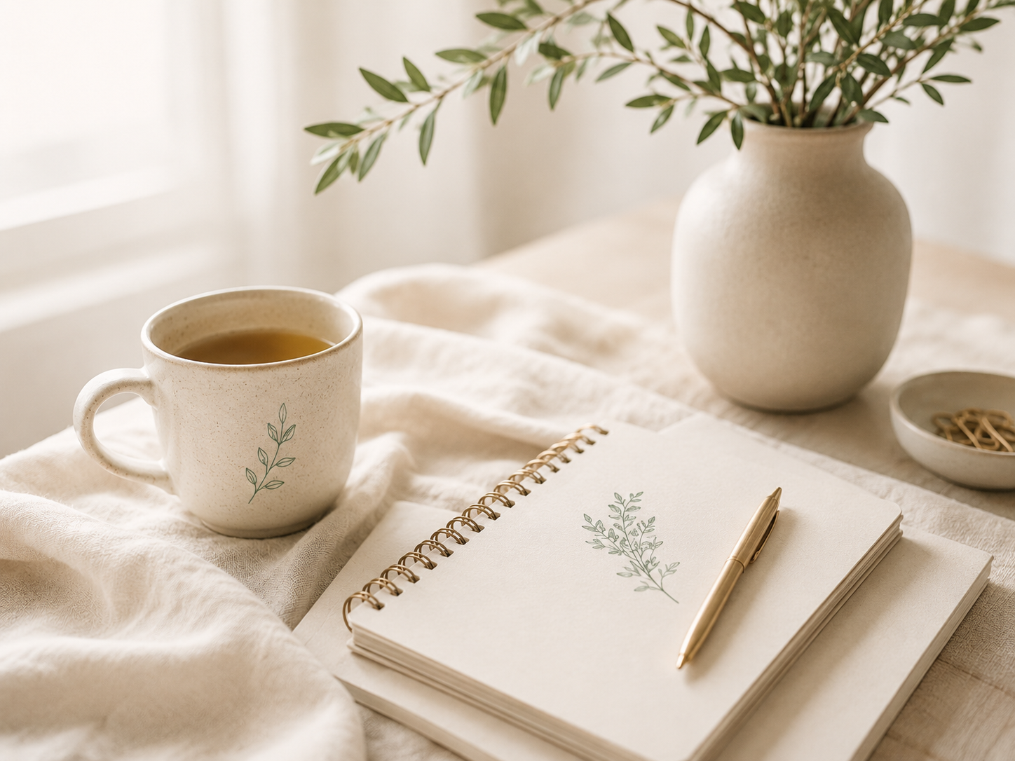 Calm desk with notebook, cup, and greenery